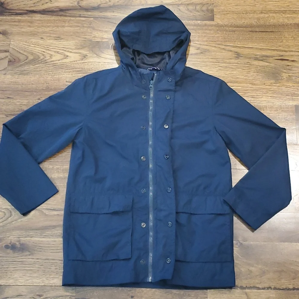 Kids Old Navy navy blue lined & hooded rain jacket size XL(14/16)